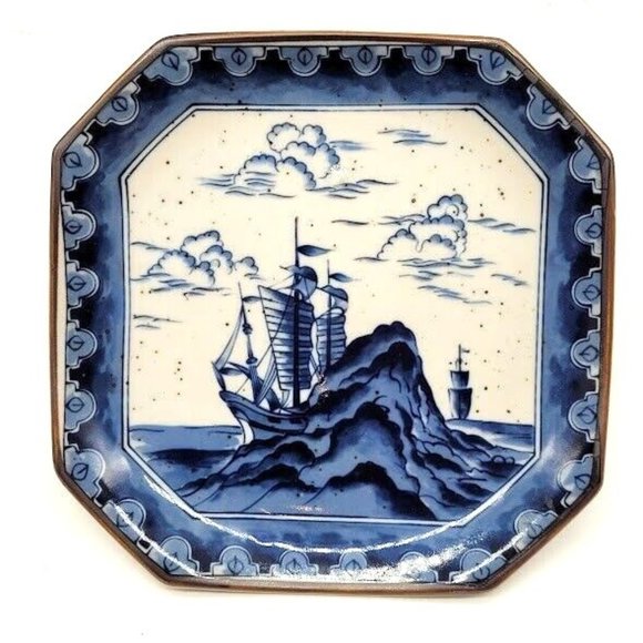 Sailing Boats Vintage Andrea By Sadek Cobalt Blue & White 7.5 square Japan Dish - Picture 1 of 5